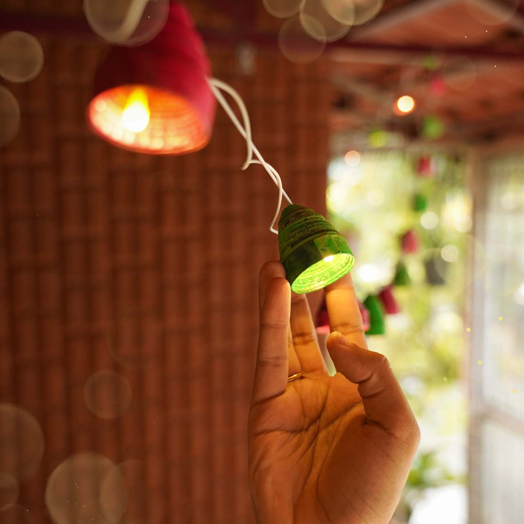 9m, 49 Bulbs | Upcycled Newspaper Indian LED Fairy Lights - Pink & Green