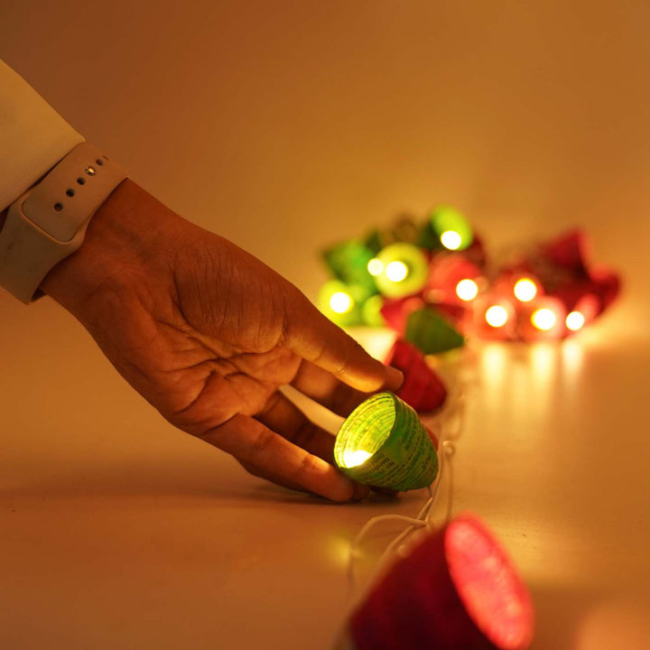 9m, 49 Bulbs | Upcycled Newspaper Indian LED Fairy Lights - Pink & Green