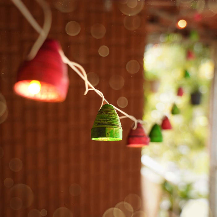 9m, 49 Bulbs | Upcycled Newspaper Indian LED Fairy Lights - Pink & Orange