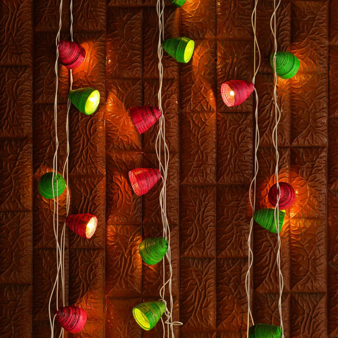 9m, 49 Bulbs | Upcycled Newspaper Indian LED Fairy Lights - Pink & Green