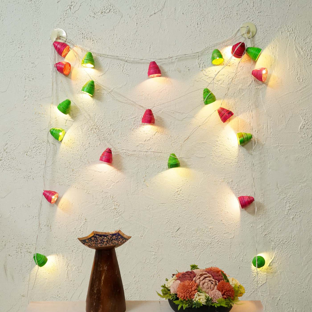 9m, 49 Bulbs | Upcycled Newspaper Indian LED Fairy Lights - Pink & Green
