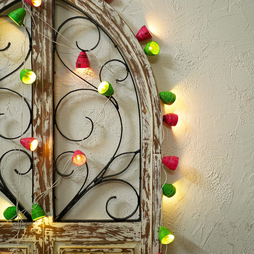 9m, 49 Bulbs | Upcycled Newspaper Indian LED Fairy Lights - Pink & Green