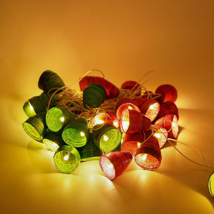 9m, 49 Bulbs | Upcycled Newspaper Indian LED Fairy Lights - Pink & Green