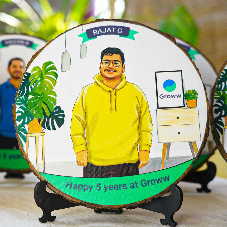 Photo Caricature Bark Nameplate With Stand For Corporate - Front View on Stand with Personalization