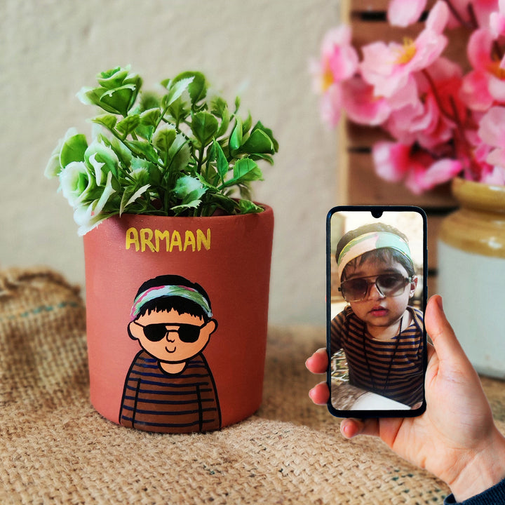 Handpainted Personalized Clay Planter With Photo Based Single Caricature