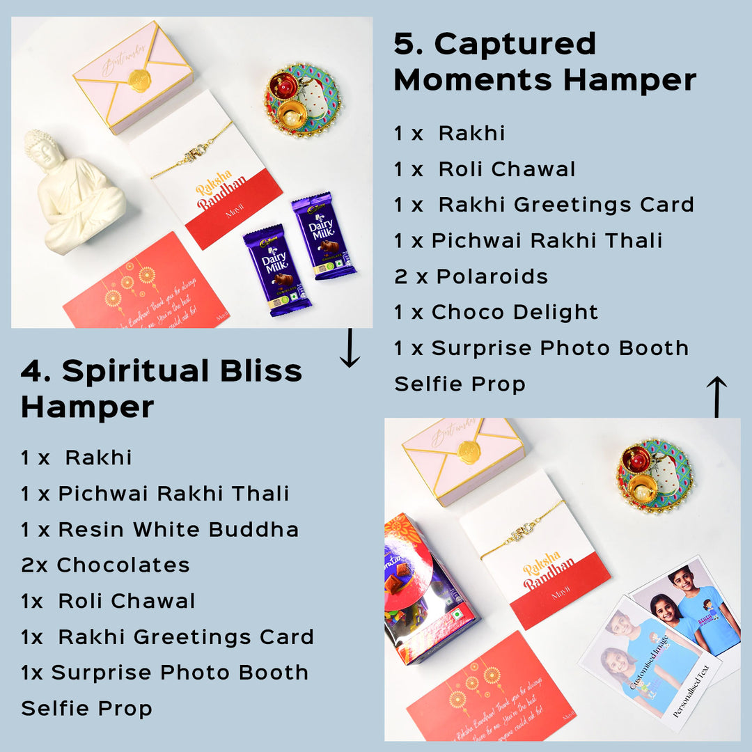Beaded Bro Pearl And Stone Bracelet Rakhi Hamper With Chocolates And Roli Chawal For Brother Customizable Options Includes Up To 7 Goodies - Rakhi Hamper Contents Display