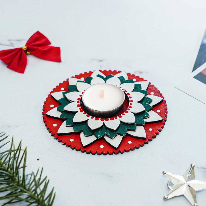 Hand-Painted Layered Wooden Tealight Holders For Christmas Decoration