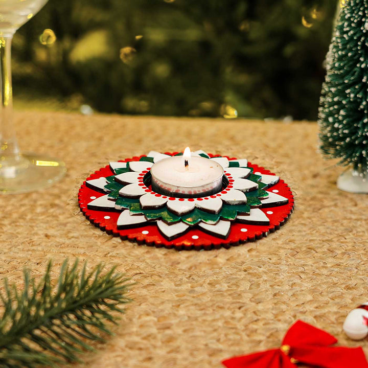 Hand-Painted Layered Wooden Tealight Holders For Christmas Decoration