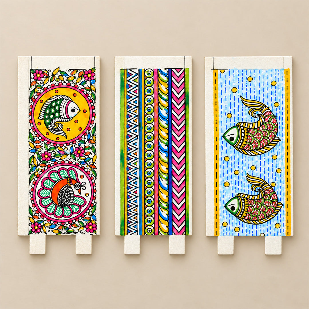 Set of 3 | Hand-Painted Madhubani-Inspired Fish Parchment Leather Votive Tealight Covers
