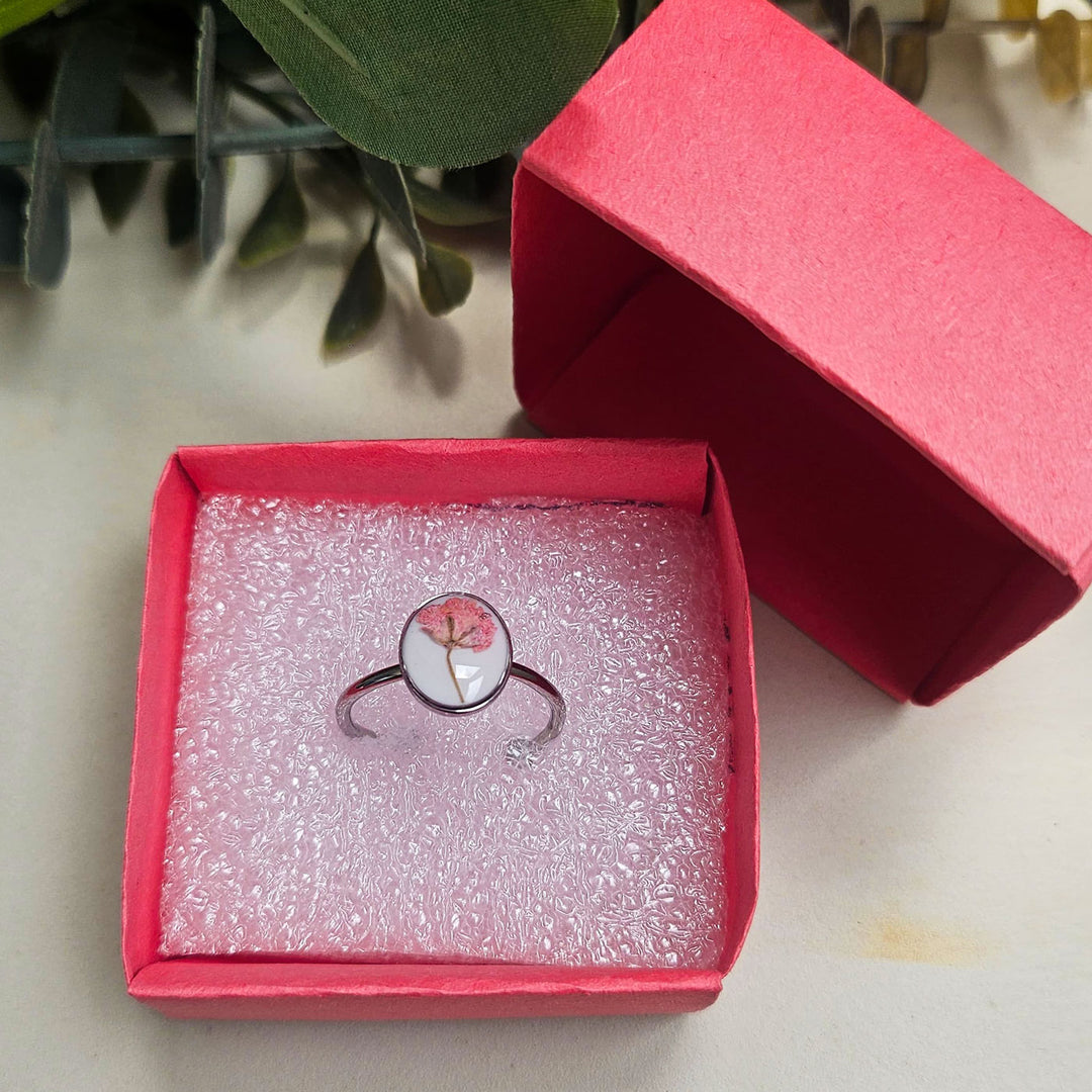 Handmade Pressed Flower Art Pink And White Resin Ring With Origami Ring Box