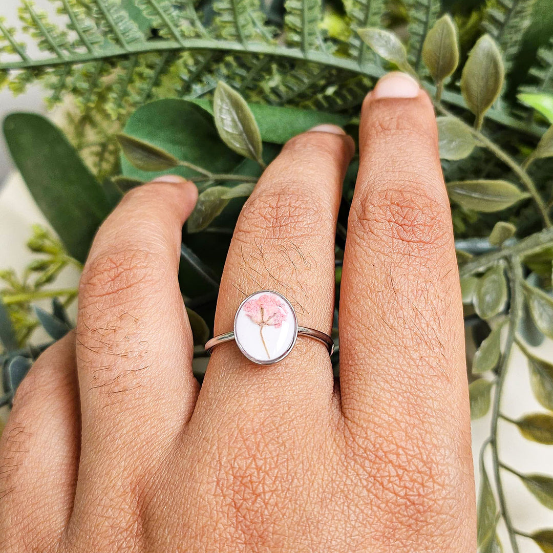 Handmade Pressed Flower Art Pink And White Resin Ring With Origami Ring Box