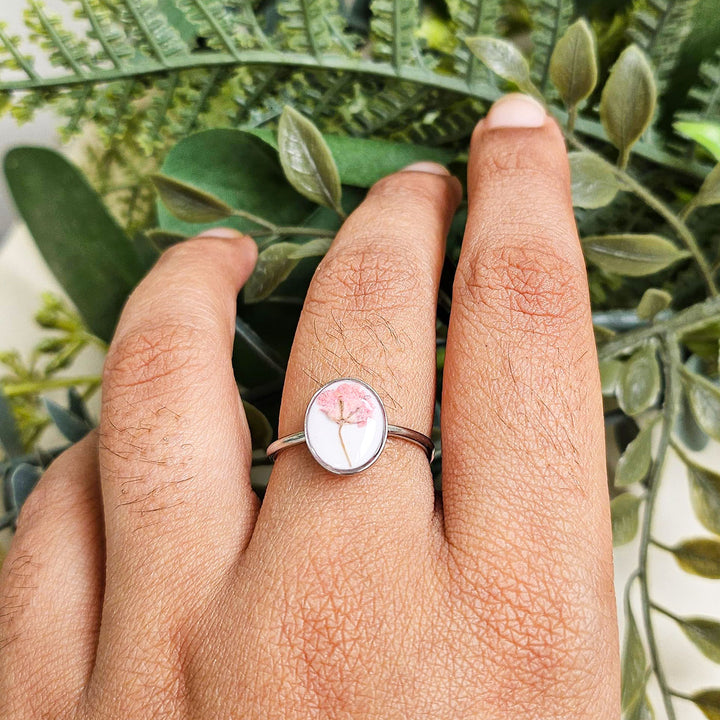 Handmade Pressed Flower Art Pink And White Resin Ring With Origami Ring Box