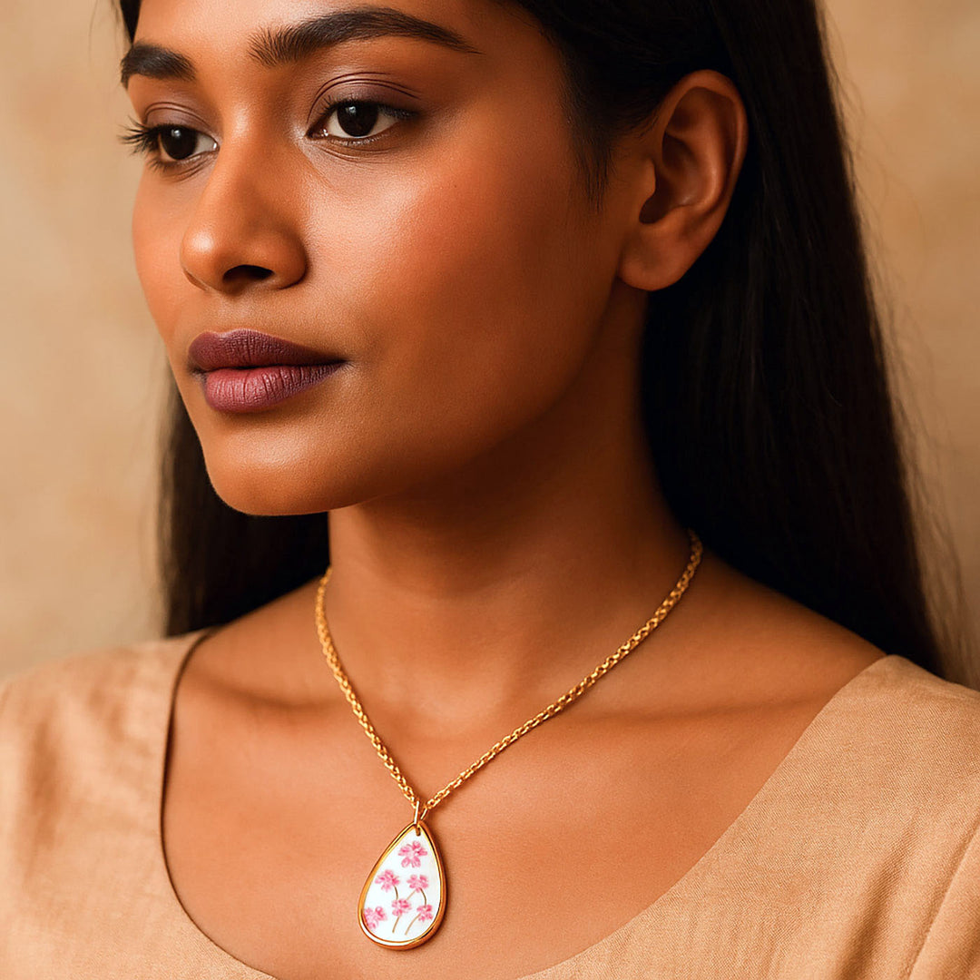 Handmade Pressed Flower Art Pink Cotton Candy Resin Necklace