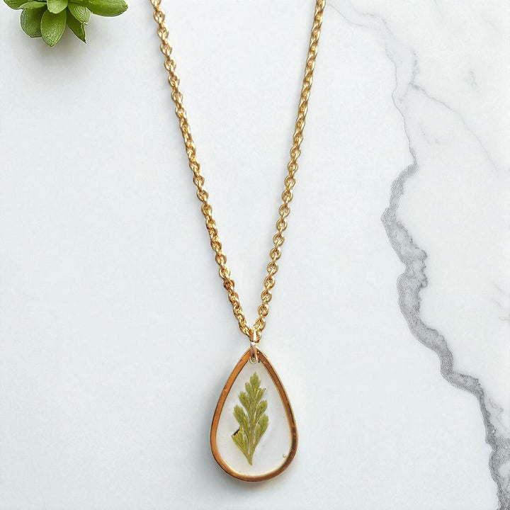 Handmade Pressed Flower Art Golden Leaf Resin Necklace