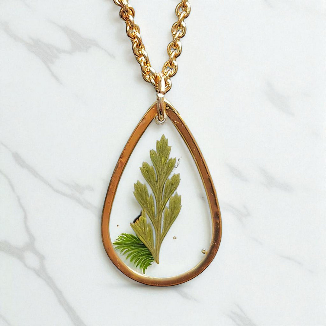 Handmade Pressed Flower Art Golden Leaf Resin Necklace