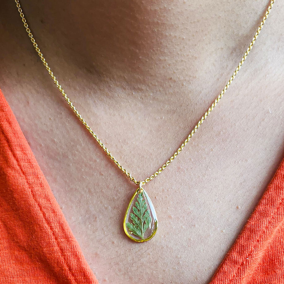 Handmade Pressed Flower Art Golden Leaf Resin Necklace