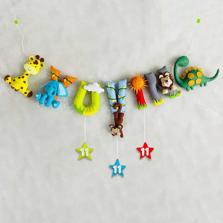 Handcrafted Personalized Animal Safari Themed Bunting For Kids - Hanging Nursery Name Garland Front View