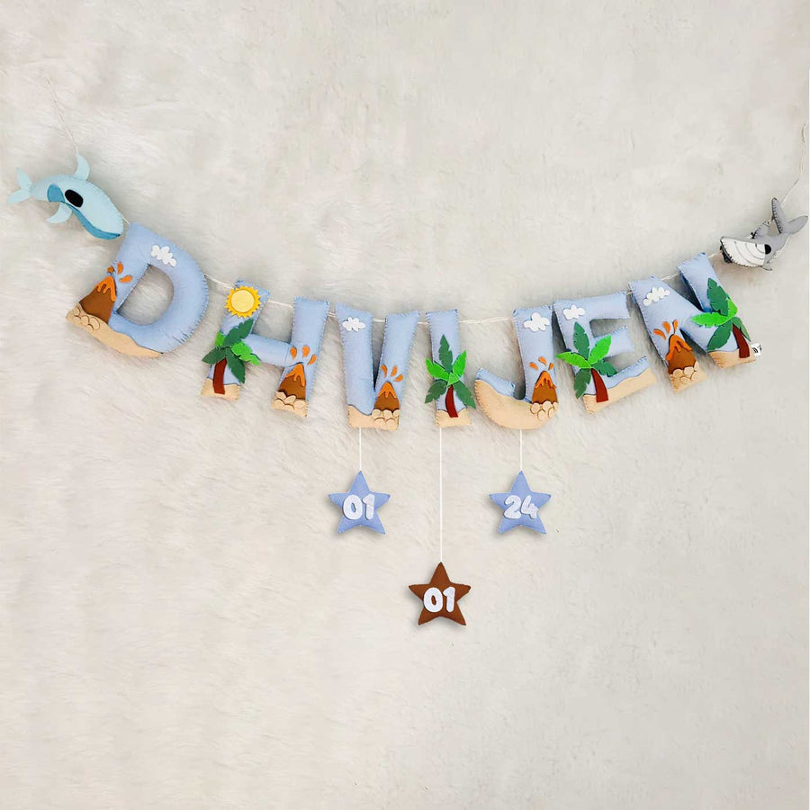 Handcrafted Personalized Beach Theme Bunting For Kids - Hanging Name Garland with Date Stars