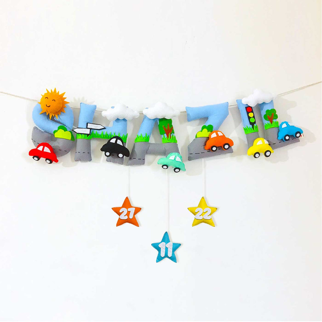 Handcrafted Personalized Car Themed Bunting For Kids - Hanging Decorative Name Garland Display