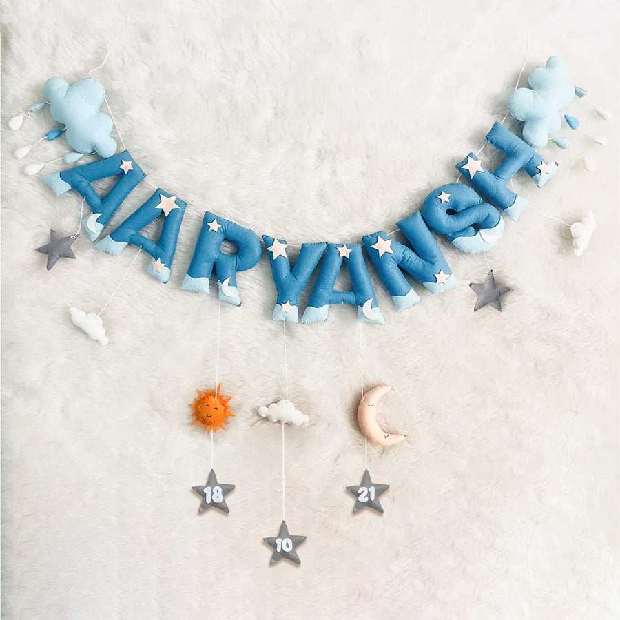 Handcrafted Personalized Cloud Theme Bunting For Kids - Hanging Name Banner with Decor