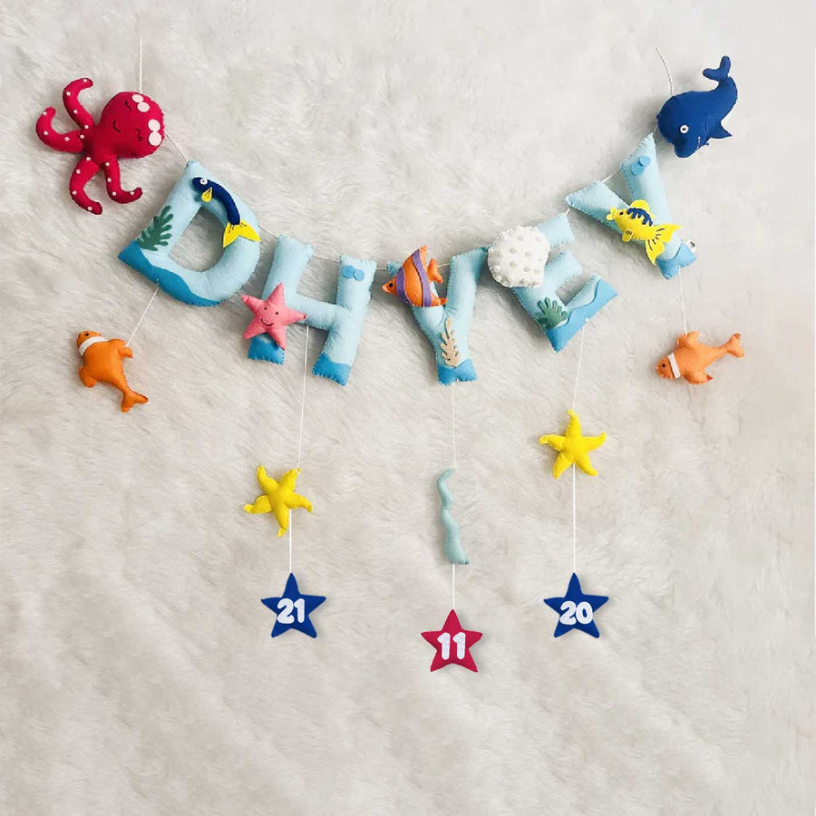 Handcrafted Personalized Fish Theme Bunting For Kids - Hanging Wall Decoration Front View