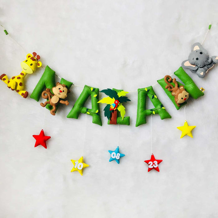 Handcrafted Personalized Jungle Safari Themed Bunting For Kids - Front View Hanging Against Wall