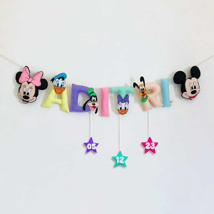 Handcrafted Personalized Mickey Themed Bunting For Kids - Front View Hanging on String