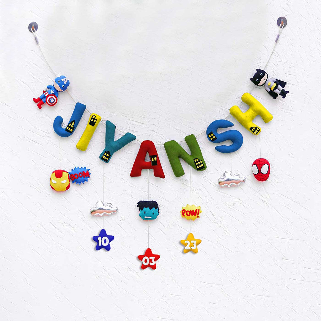 Handcrafted Personalized Themed Bunting For Kids Superhero - Hanging Name Banner Close-up