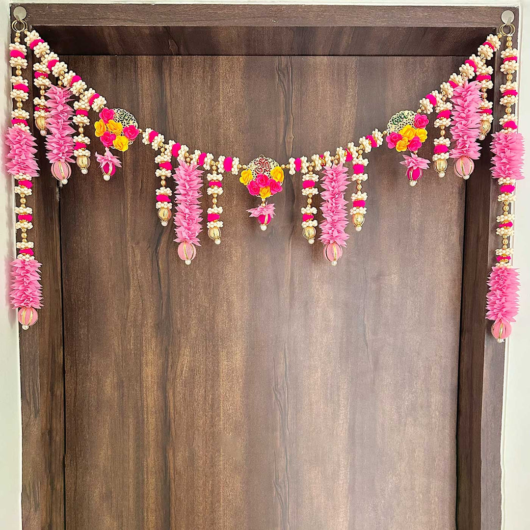 40 / 44 In | Handmade Pink Floral Toran With Side Hangings
