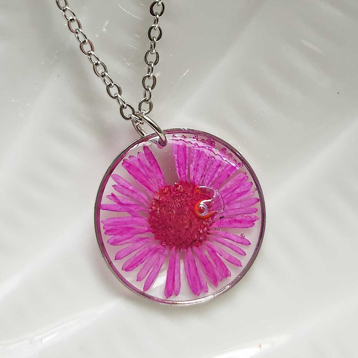 Handmade Pressed Flower Art Pink Resin Necklace