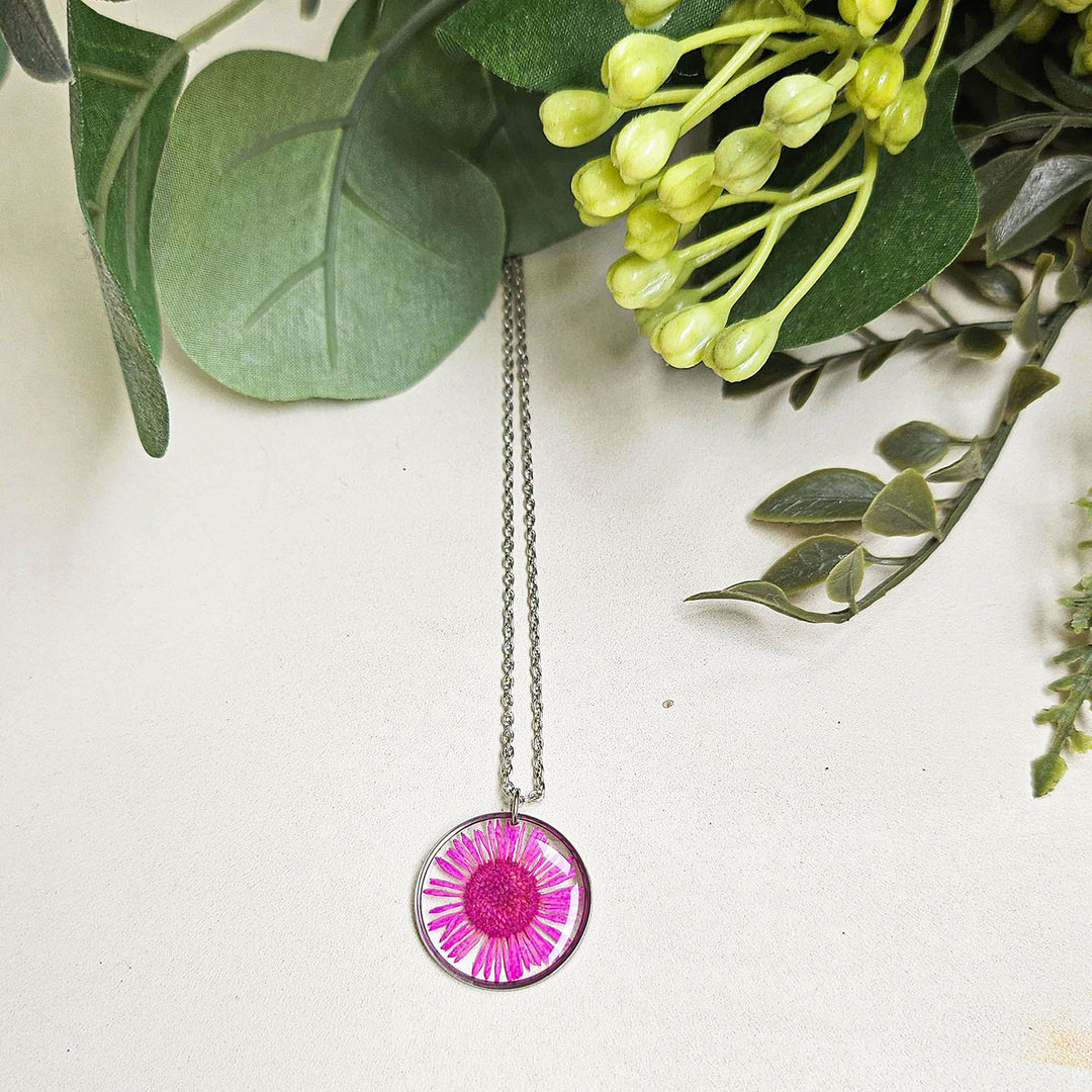 Handmade Pressed Flower Art Pink Resin Necklace