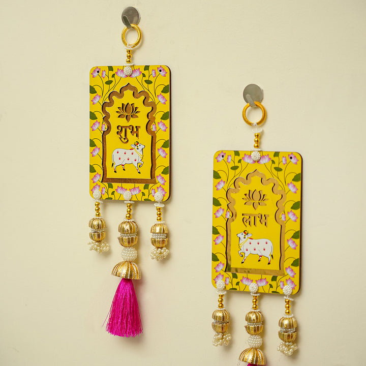 Handcrafted Printed Large Pichwai Shubh Labh Hanging | Set Of 2