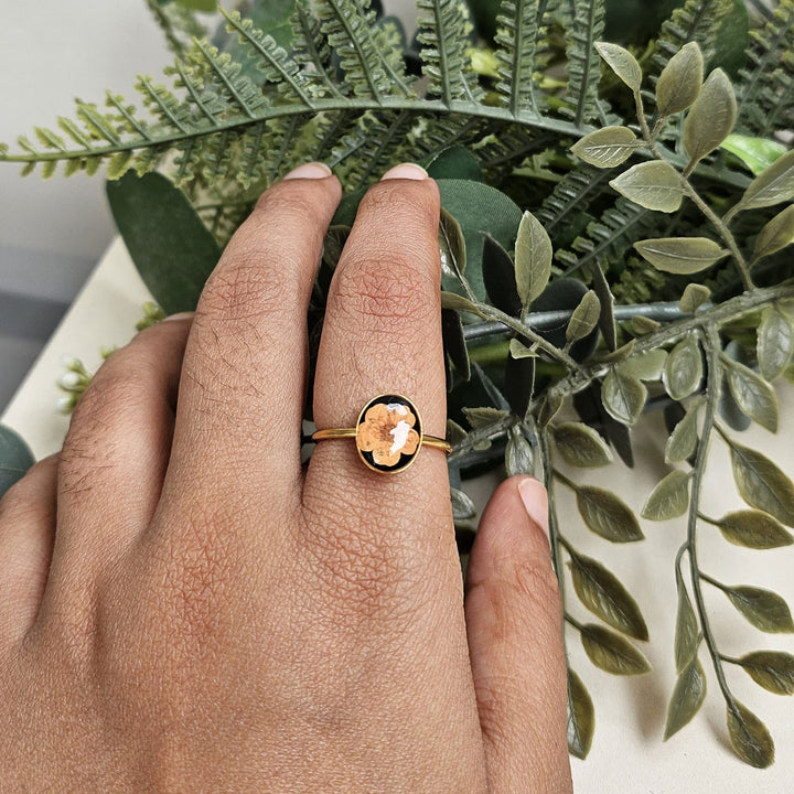 Handmade Pressed Flower Art Orange Black Resin Ring With Origami Ring Box
