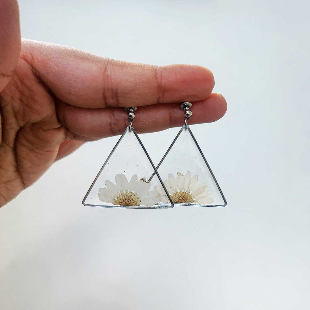 Handmade Pressed Flower Art White Resin Earrings