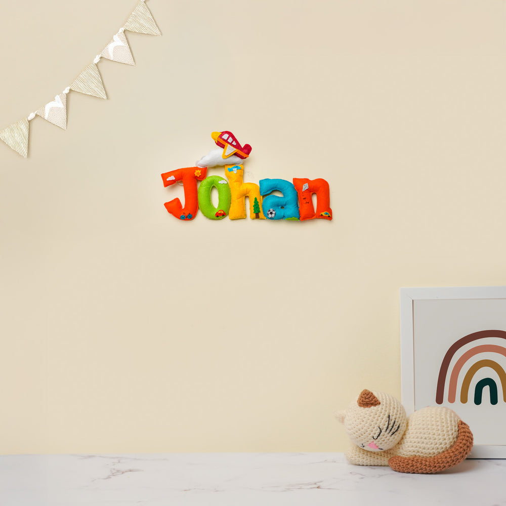 Personalized Transport Theme Felt Kids Name Plate - Name Personalization Example on Wall