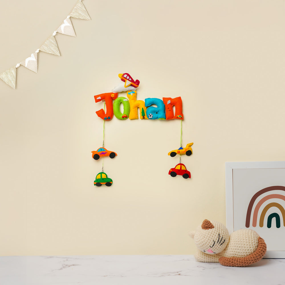 Personalized Vehicle Theme Felt Kids Name Plate - Hanging on Wall with Decorations