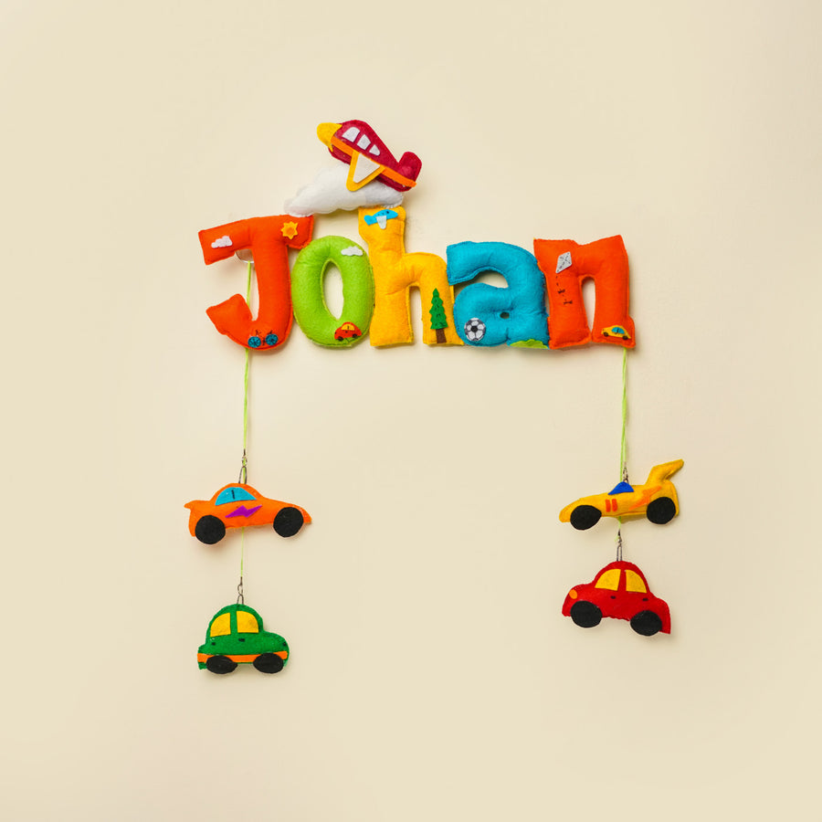 Personalized Vehicle Theme Felt Kids Name Plate - Name Personalization Example Hanging View