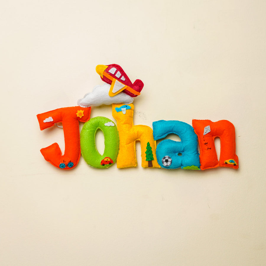 Personalized Transport Theme Felt Kids Name Plate - Front View of Name Personalization