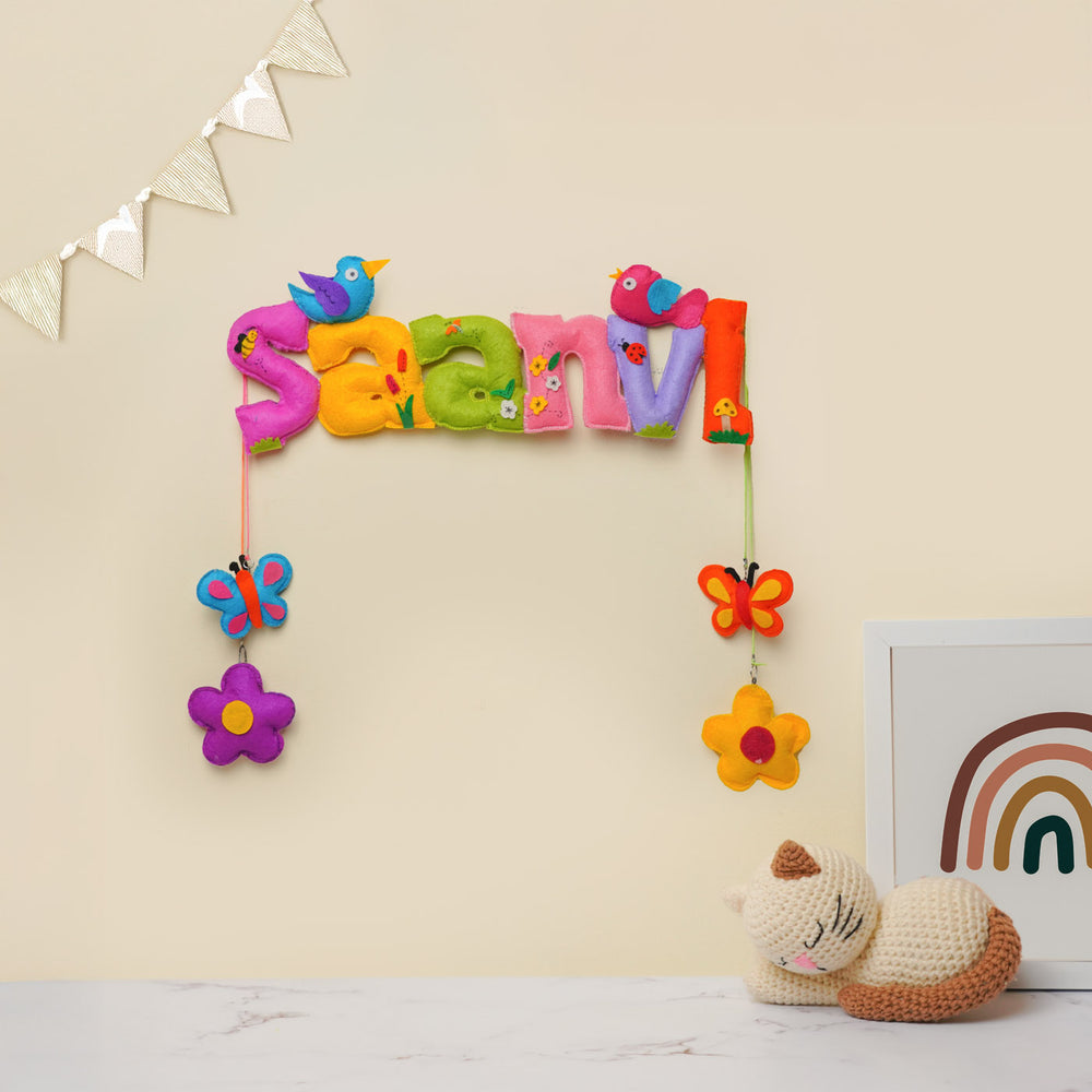 Personalized Flowers And Butterfly Theme Felt Kids Name Plate - Hanging Wall Name Decoration Front View