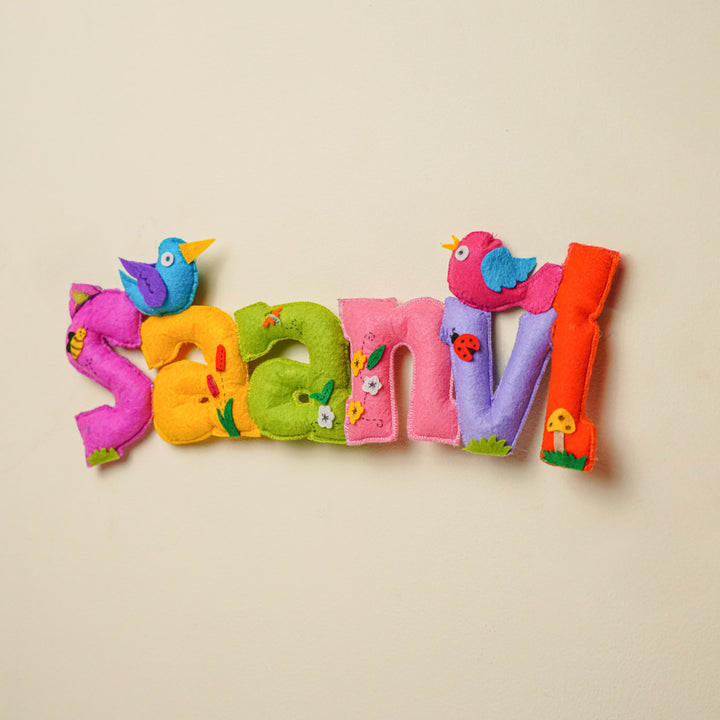 Personalized Tweety Birds Theme Felt Kids Name Plate - Front View on Neutral Background