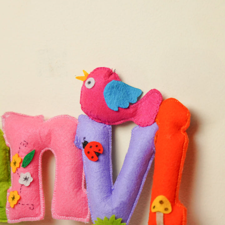 Personalized Tweety Birds Theme Felt Kids Name Plate - Close-up of Front Side Detailing