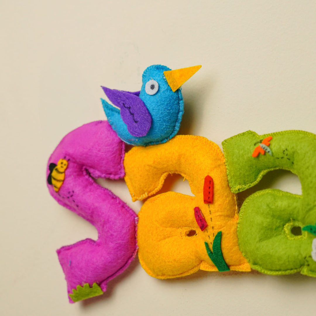 Personalized Tweety Birds Theme Felt Kids Name Plate - Close-up on Letter Detail with Bird