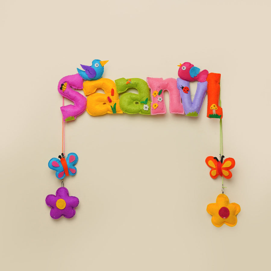 Personalized Flowers And Butterfly Theme Felt Kids Name Plate - Front View Hanging Name Decoration