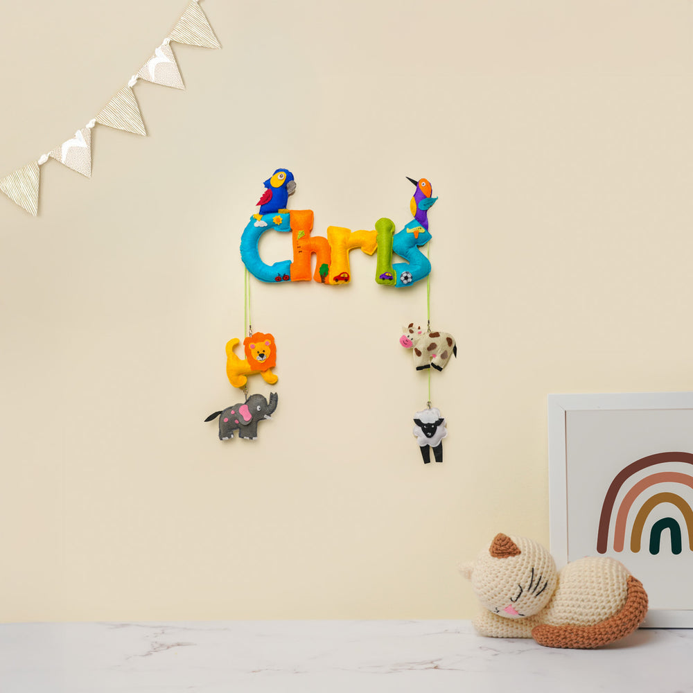 Personalized Animals Theme Felt Kids Name Plate - Wall Hanging Display with Toys