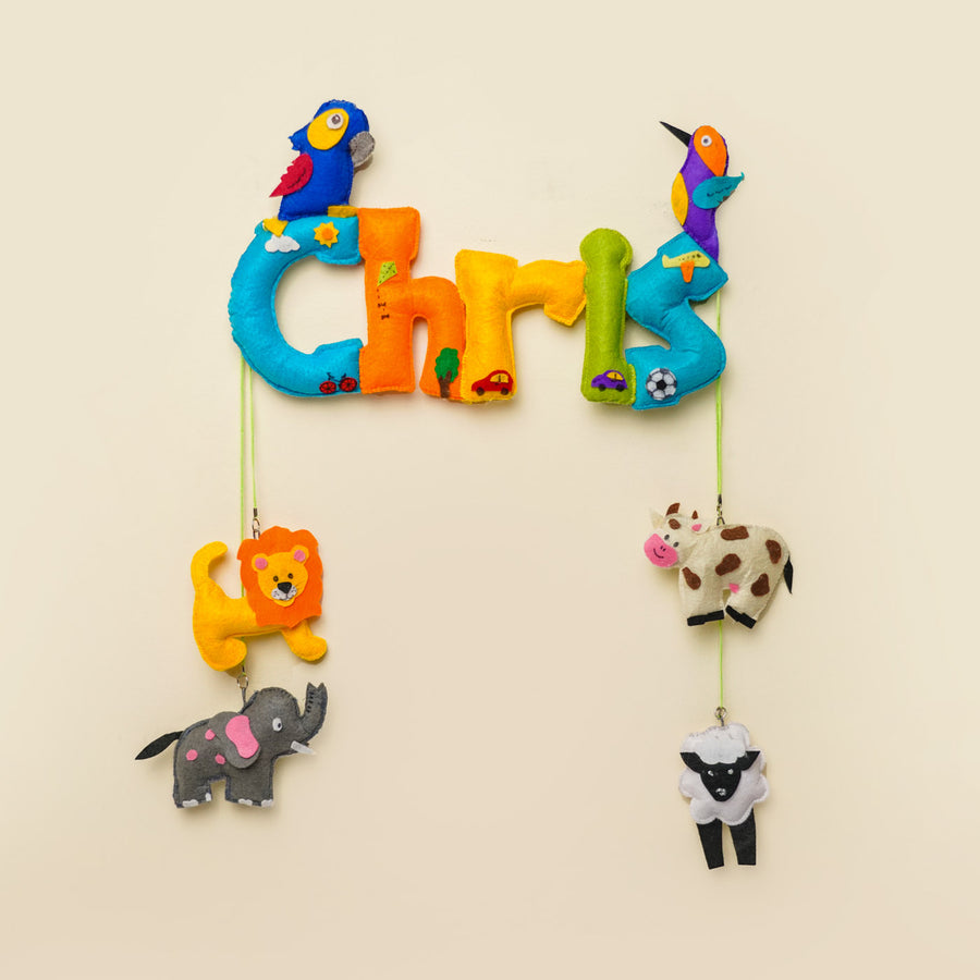 Personalized Animals Theme Felt Kids Name Plate - Front View Hanging on Wall