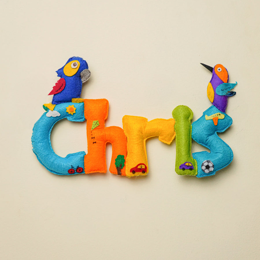 Personalized Birds Theme Felt Kids Name Plate - Front View on Neutral Background
