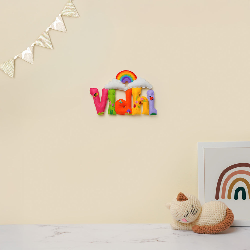 Personalized Rainbow Theme Felt Kids Name Plate New 1 - Mounted on Wall with Decor Surrounding