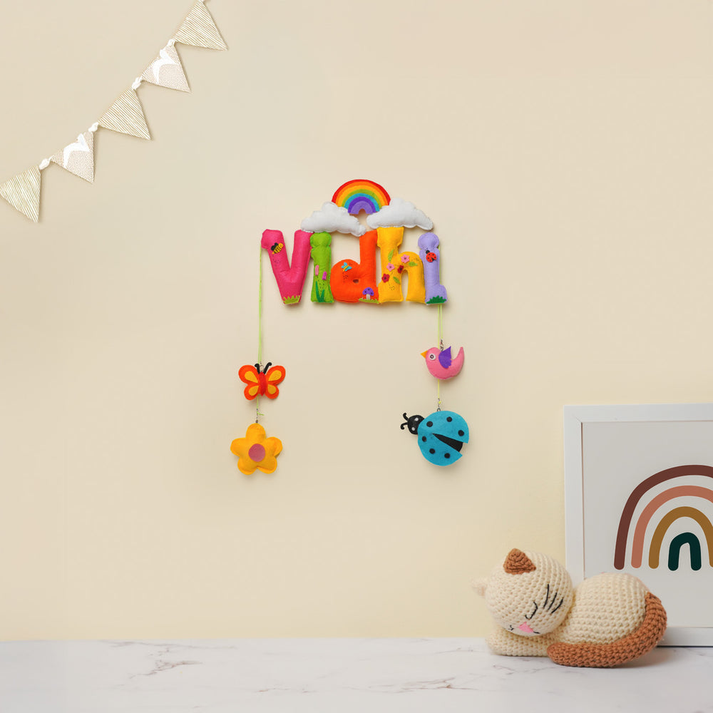 Personalized Rainbow And Garden Theme Felt Kids Name Plate - Hanging on Wall with Decorations
