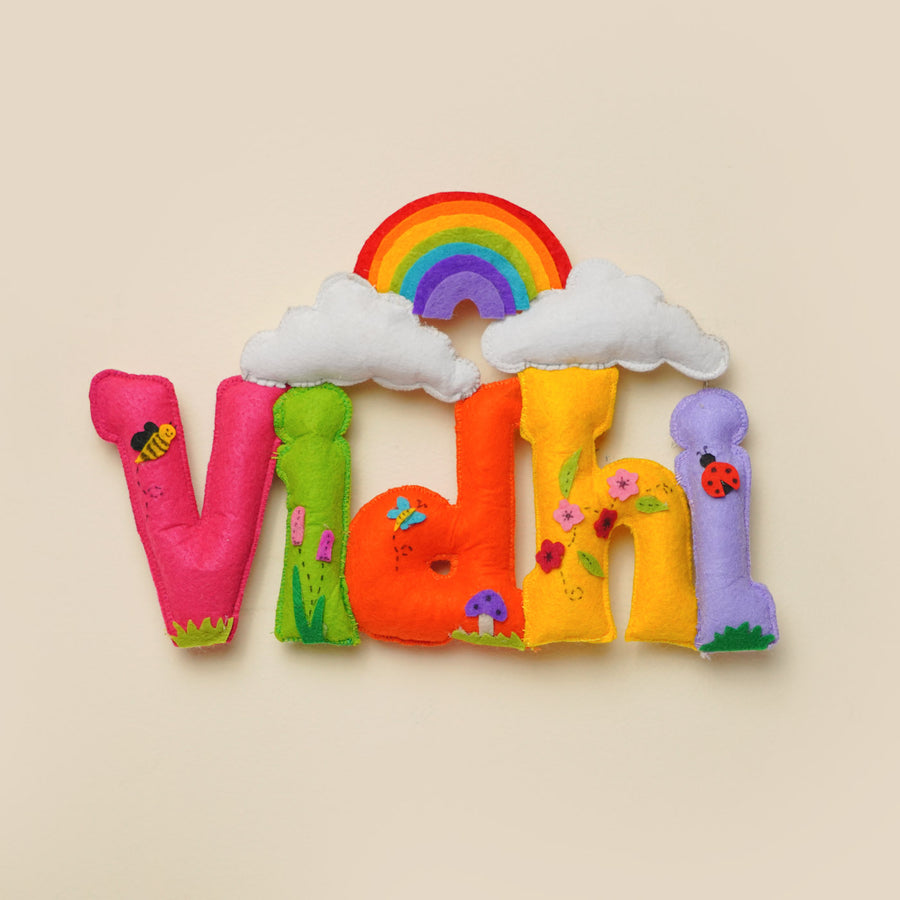 Personalized Rainbow Theme Felt Kids Name Plate New 1 - Front View on Neutral Background