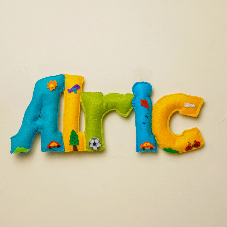 Personalized Vehicles Theme Felt Kids Name Plate - Front View with Decorative Elements
